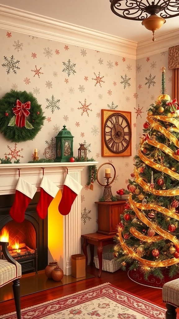 A cozy room with vintage Christmas wallpaper, decorated for the holidays with a fireplace and Christmas tree.